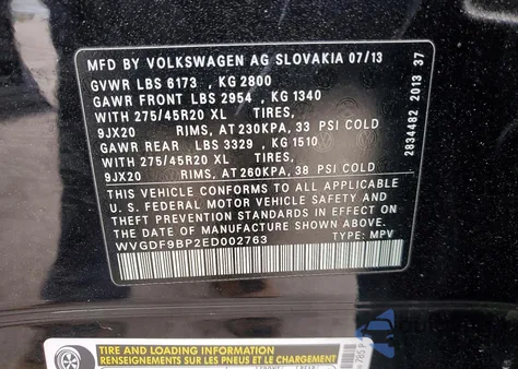 2014 Volkswagen Touareg V6 z USA, uszkodzony, nr VIN WVGDF9BP2ED002763